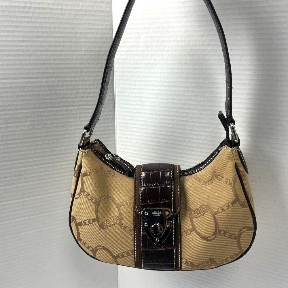 Chaps Tan Monogram Equestrian Bit Shoulder Bag Brown Croc Trim Small Hobo Y2k